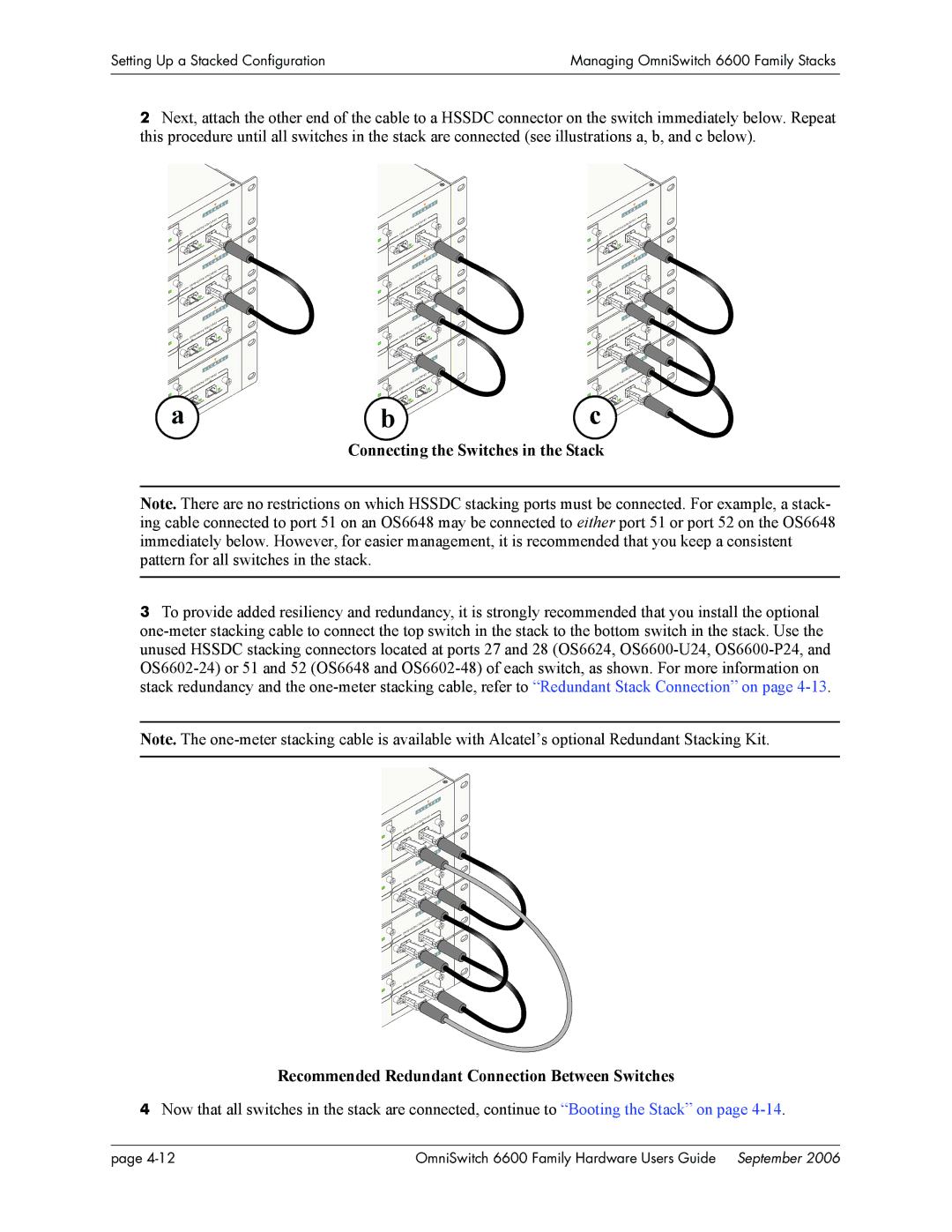 Alcatel-Lucent 6600 manual Connecting the Switches in the Stack, Recommended Redundant Connection Between Switches 