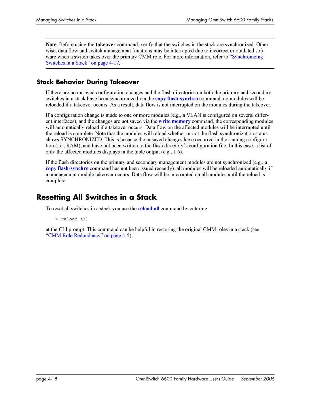 Alcatel-Lucent 6600 manual Resetting All Switches in a Stack, Stack Behavior During Takeover 