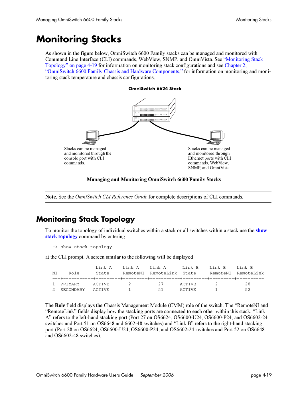 Alcatel-Lucent Monitoring Stacks, Monitoring Stack Topology, Managing and Monitoring OmniSwitch 6600 Family Stacks 