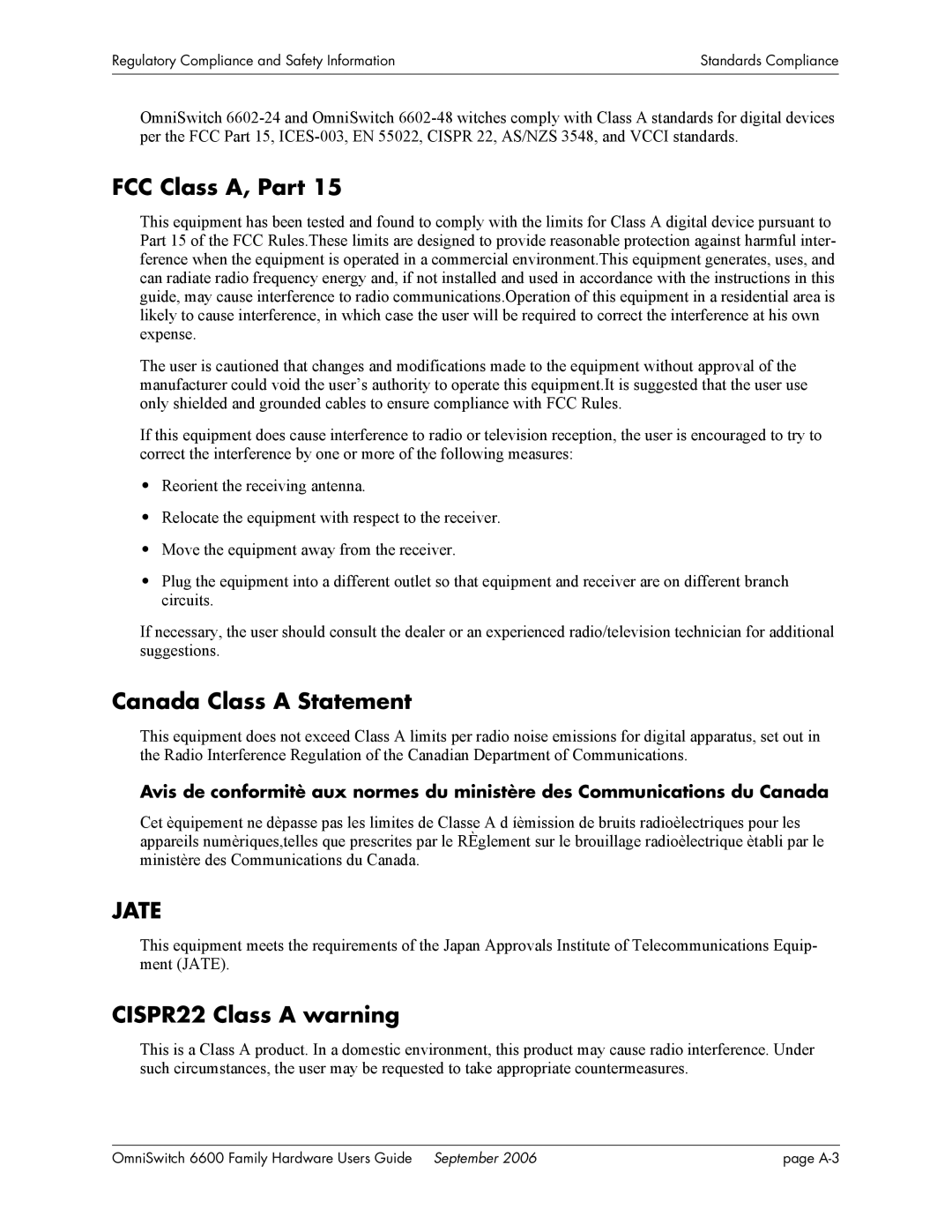 Alcatel-Lucent 6600 manual FCC Class A, Part, Canada Class a Statement, CISPR22 Class a warning 