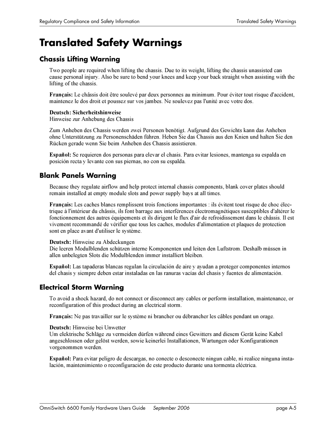 Alcatel-Lucent 6600 Translated Safety Warnings, Chassis Lifting Warning, Blank Panels Warning, Electrical Storm Warning 