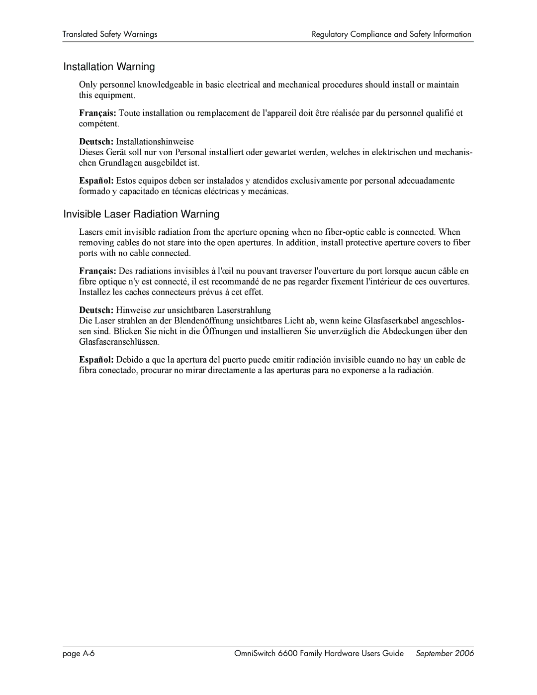 Alcatel-Lucent 6600 manual Installation Warning, Invisible Laser Radiation Warning 