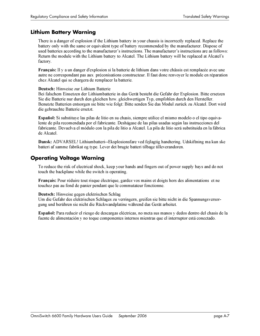 Alcatel-Lucent 6600 manual Lithium Battery Warning, Operating Voltage Warning 