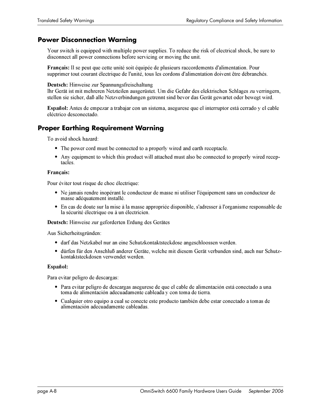 Alcatel-Lucent 6600 manual Power Disconnection Warning, Proper Earthing Requirement Warning, Français, Español 