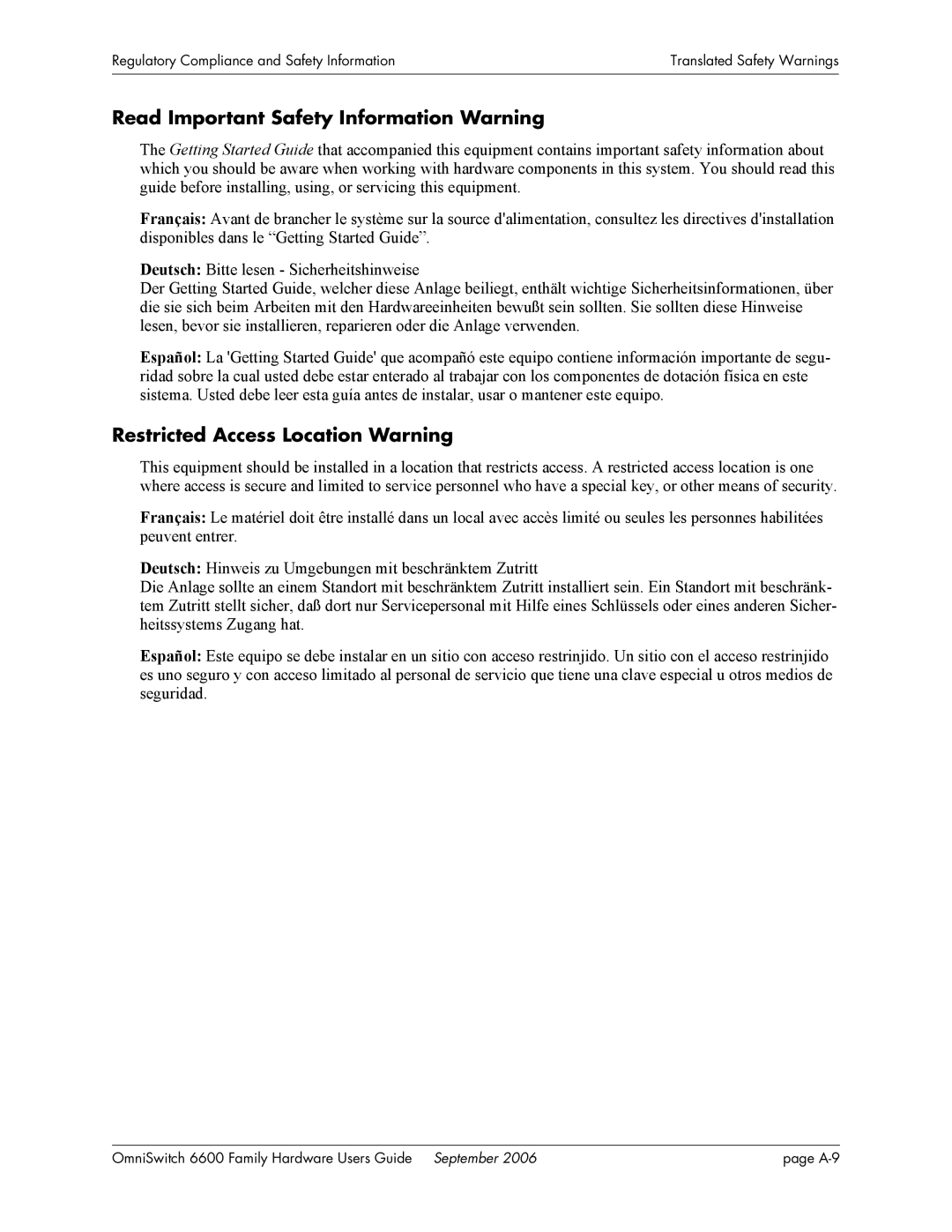 Alcatel-Lucent 6600 manual Read Important Safety Information Warning, Restricted Access Location Warning 