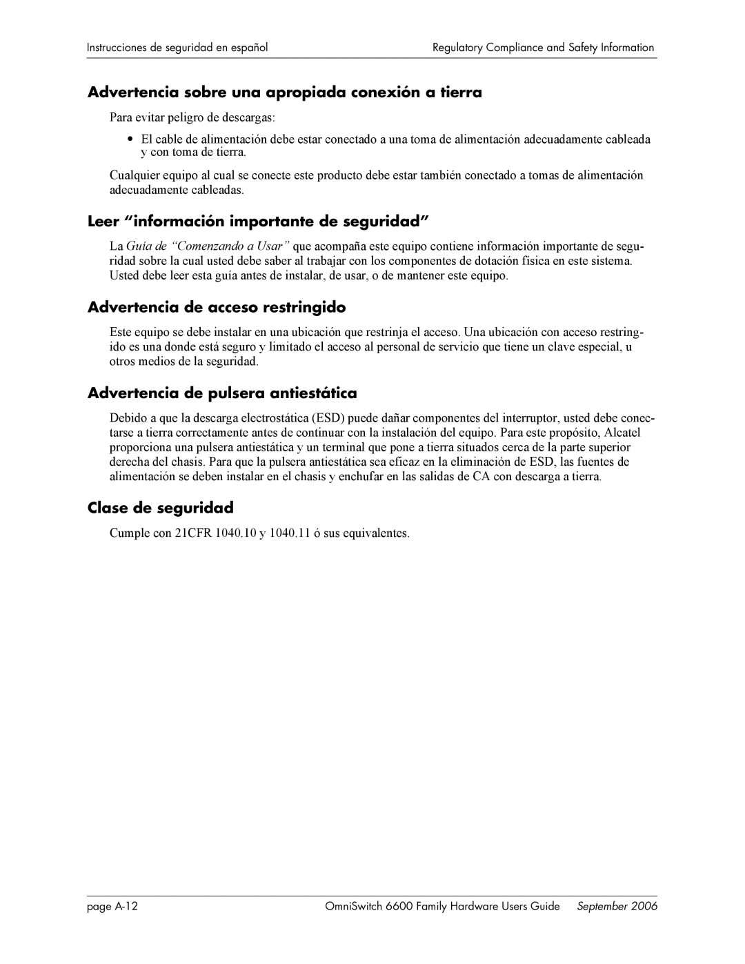 Alcatel-Lucent 6600 manual Advertencia sobre una apropiada conexión a tierra, Leer información importante de seguridad 