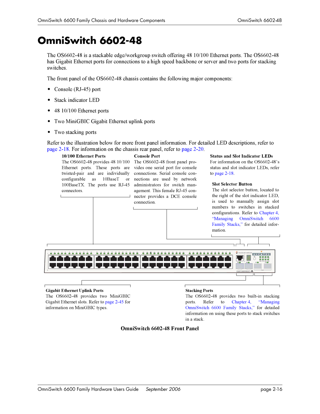 Alcatel-Lucent 6600 manual OmniSwitch 6602-48 Front Panel, 10/100 Ethernet Ports Console Port 