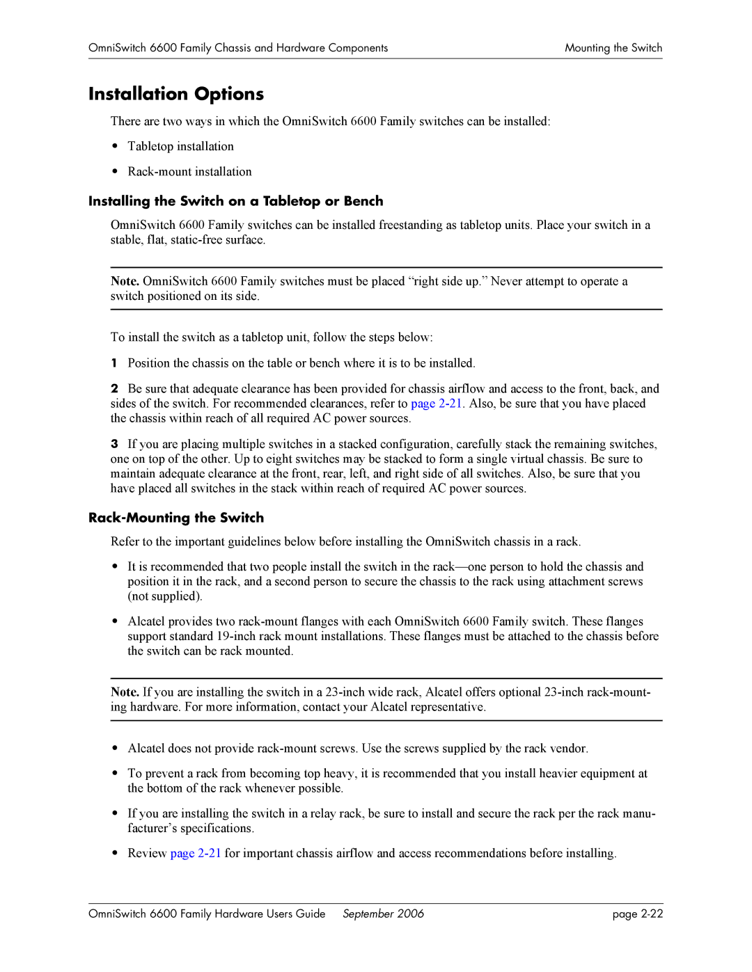 Alcatel-Lucent 6600 manual Installation Options, Installing the Switch on a Tabletop or Bench 