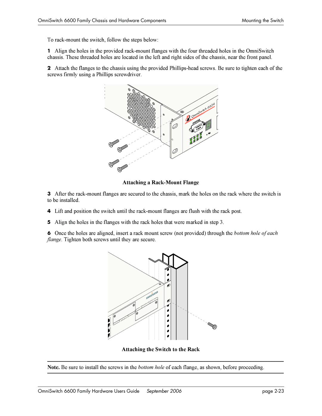 Alcatel-Lucent 6600 manual Attaching a Rack-Mount Flange, Attaching the Switch to the Rack 