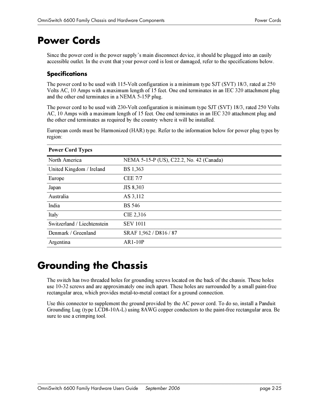 Alcatel-Lucent 6600 manual Power Cords, Grounding the Chassis, Specifications, Power Cord Types 