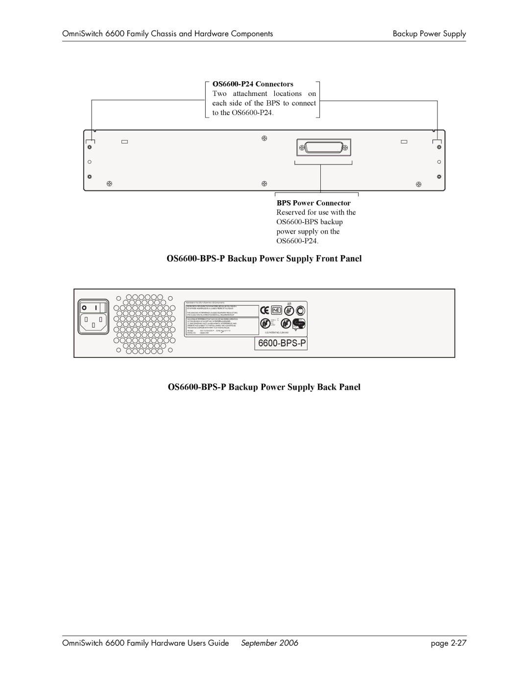 Alcatel-Lucent manual OS6600-BPS-P Backup Power Supply Front Panel, OS6600-BPS-P Backup Power Supply Back Panel 