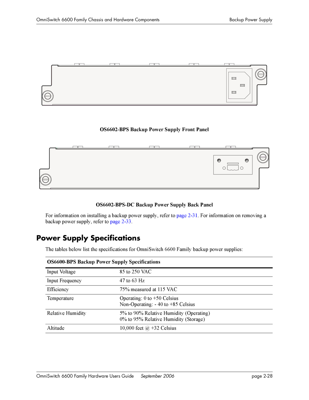 Alcatel-Lucent manual OS6600-BPS Backup Power Supply Specifications 