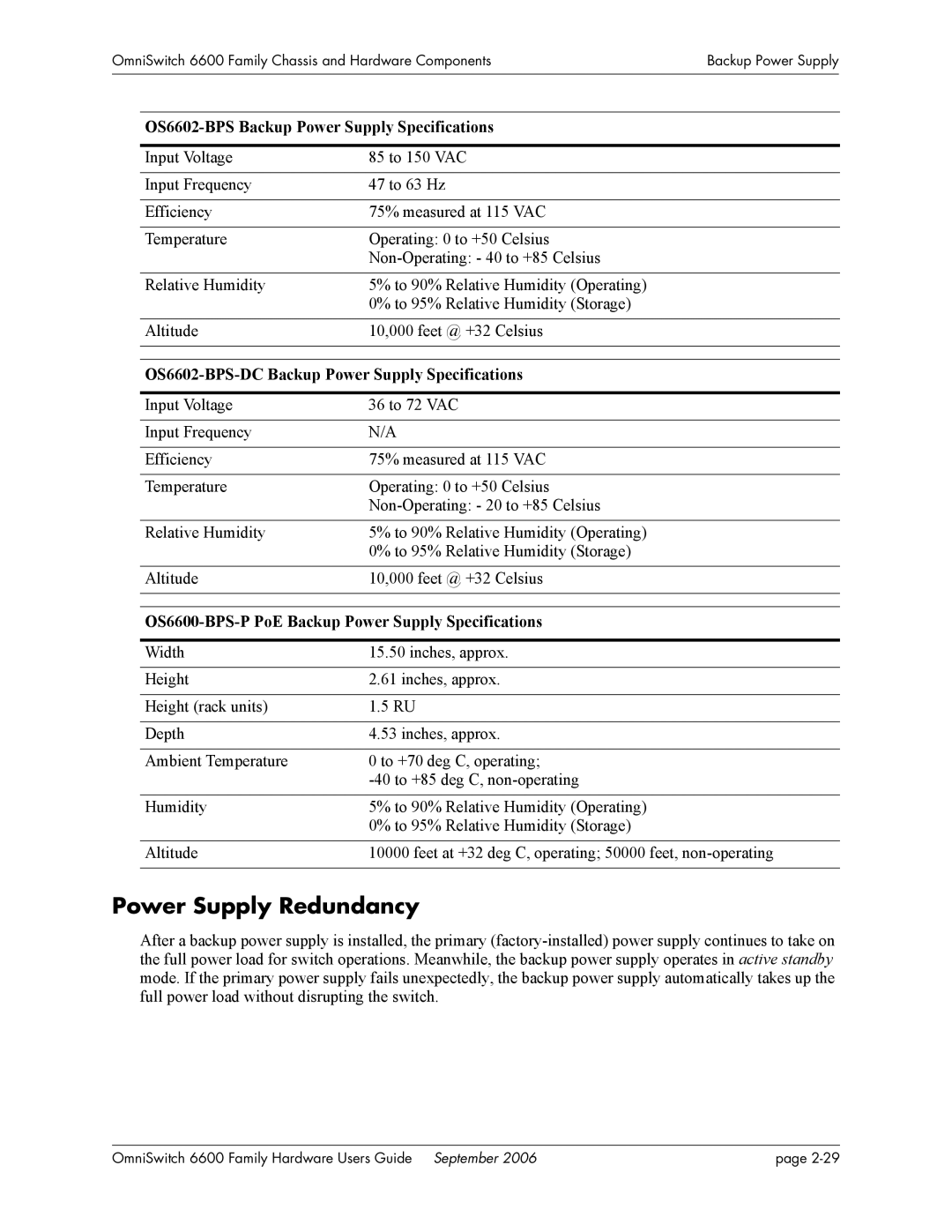 Alcatel-Lucent 6600 manual Power Supply Redundancy, OS6602-BPS Backup Power Supply Specifications 