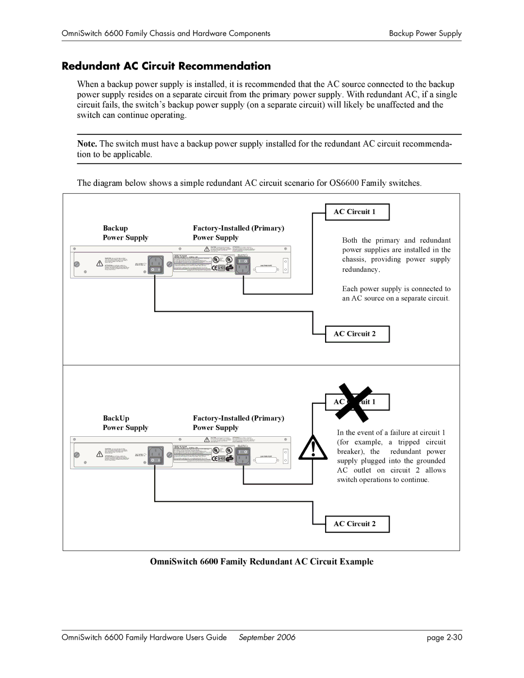 Alcatel-Lucent manual Redundant AC Circuit Recommendation, OmniSwitch 6600 Family Redundant AC Circuit Example 