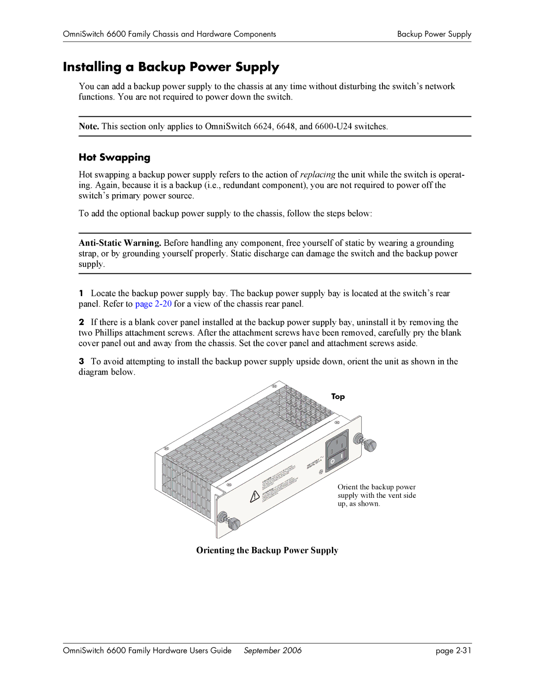 Alcatel-Lucent 6600 manual Installing a Backup Power Supply, Hot Swapping, Orienting the Backup Power Supply 