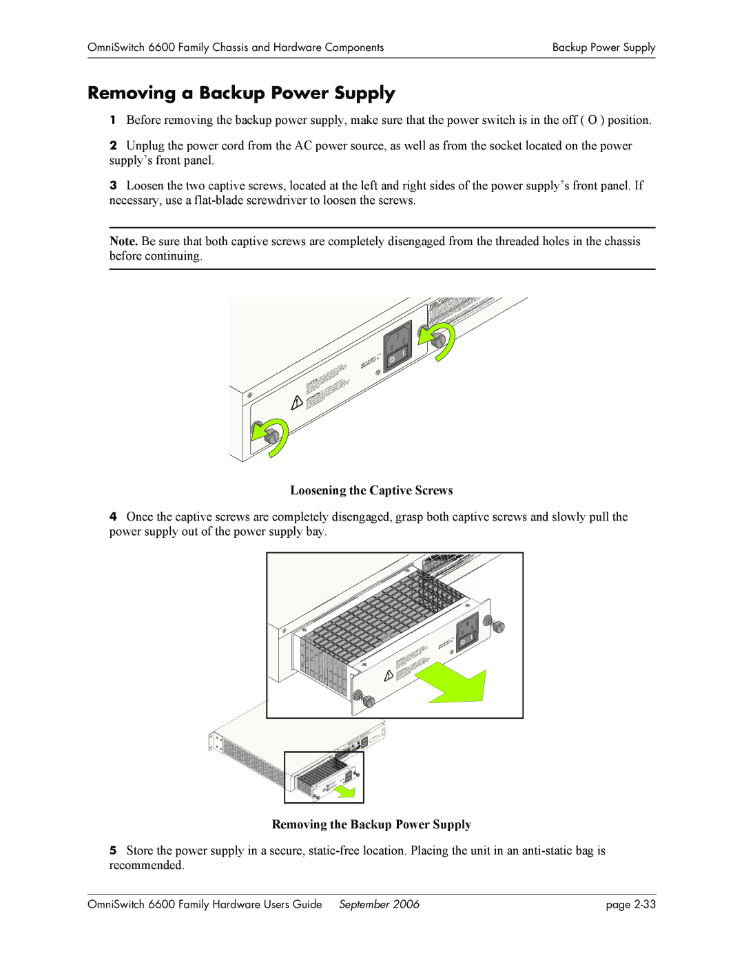 Alcatel-Lucent 6600 manual Removing a Backup Power Supply, Loosening the Captive Screws, Removing the Backup Power Supply 