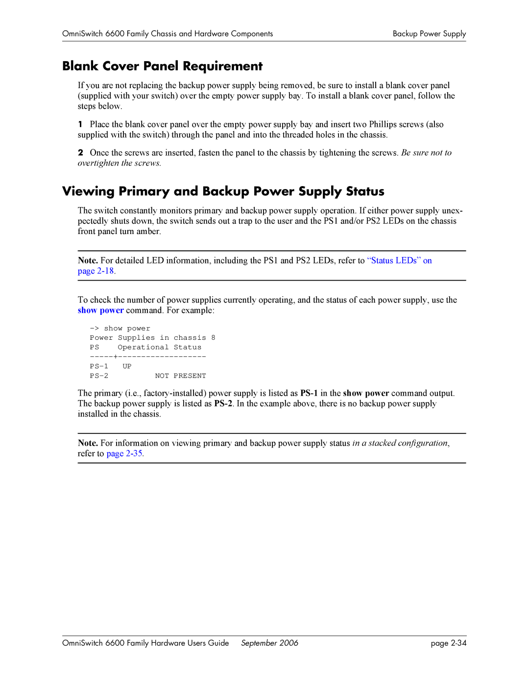 Alcatel-Lucent 6600 manual Blank Cover Panel Requirement, Viewing Primary and Backup Power Supply Status 