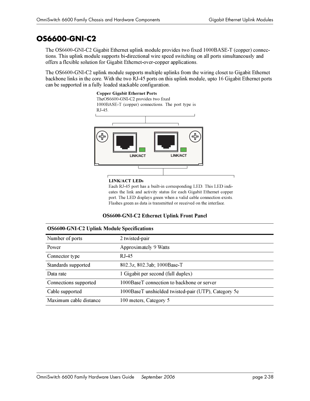 Alcatel-Lucent manual OS6600-GNI-C2 Ethernet Uplink Front Panel, OS6600-GNI-C2 Uplink Module Specifications 