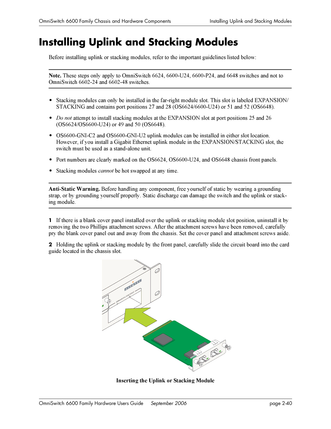 Alcatel-Lucent 6600 manual Installing Uplink and Stacking Modules, Inserting the Uplink or Stacking Module 