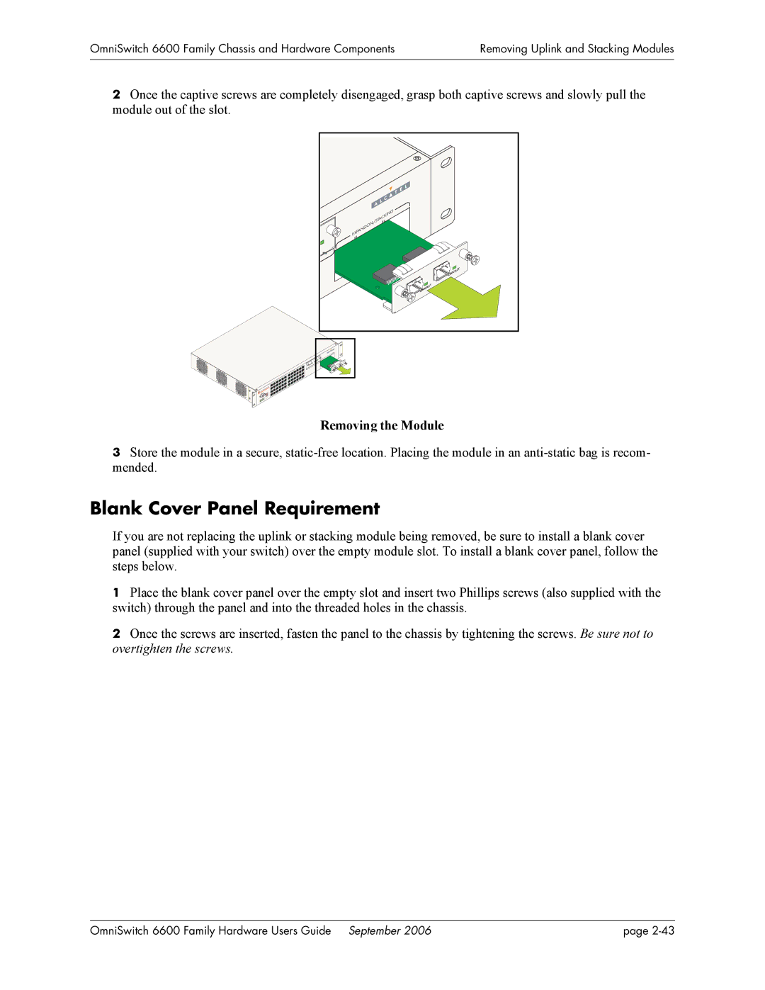 Alcatel-Lucent 6600 manual Blank Cover Panel Requirement, Removing the Module 