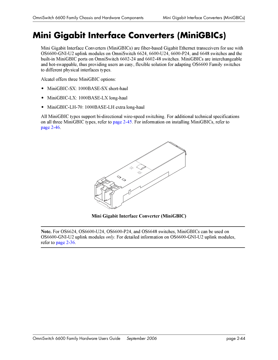 Alcatel-Lucent 6600 manual Mini Gigabit Interface Converters MiniGBICs, Mini Gigabit Interface Converter MiniGBIC 