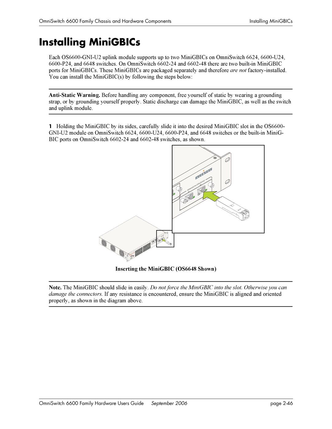 Alcatel-Lucent 6600 manual Installing MiniGBICs, Inserting the MiniGBIC OS6648 Shown 