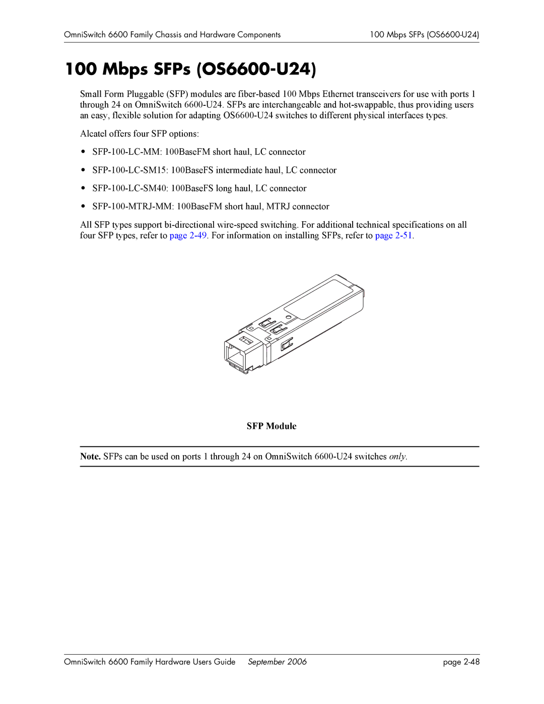 Alcatel-Lucent manual Mbps SFPs OS6600-U24, SFP Module 