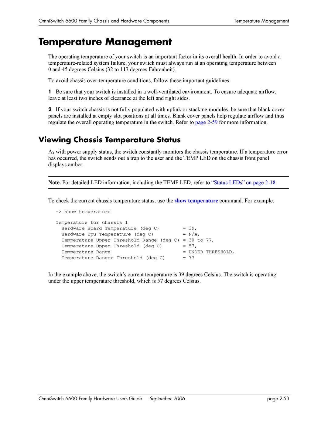 Alcatel-Lucent 6600 manual Temperature Management, Viewing Chassis Temperature Status 