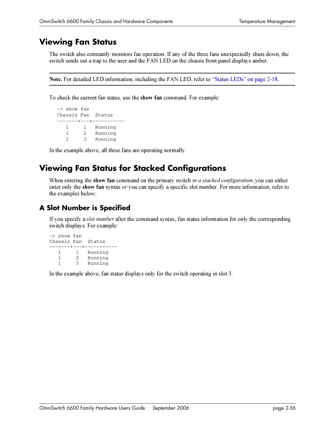 Alcatel-Lucent 6600 manual Viewing Fan Status for Stacked Configurations 