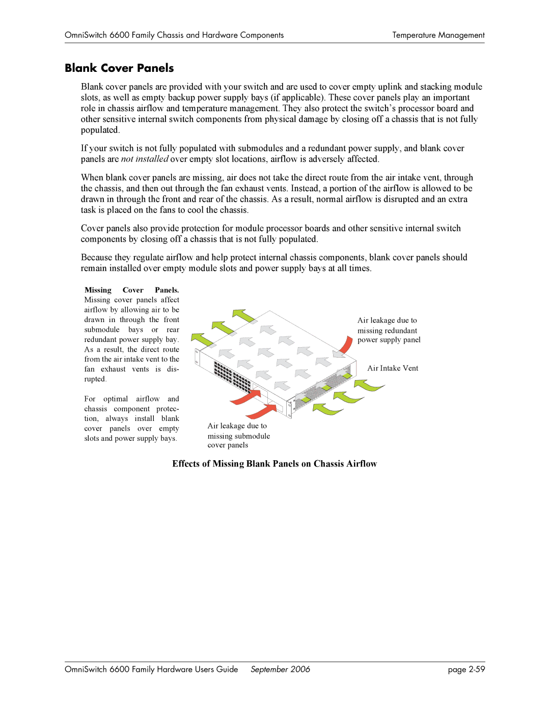 Alcatel-Lucent 6600 manual Blank Cover Panels, Effects of Missing Blank Panels on Chassis Airflow 