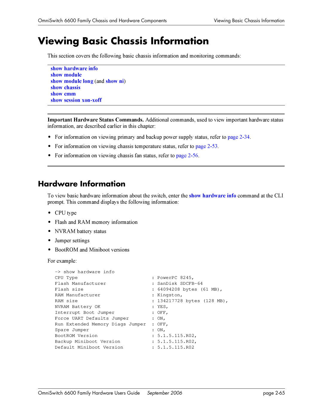 Alcatel-Lucent 6600 manual Viewing Basic Chassis Information, Hardware Information 