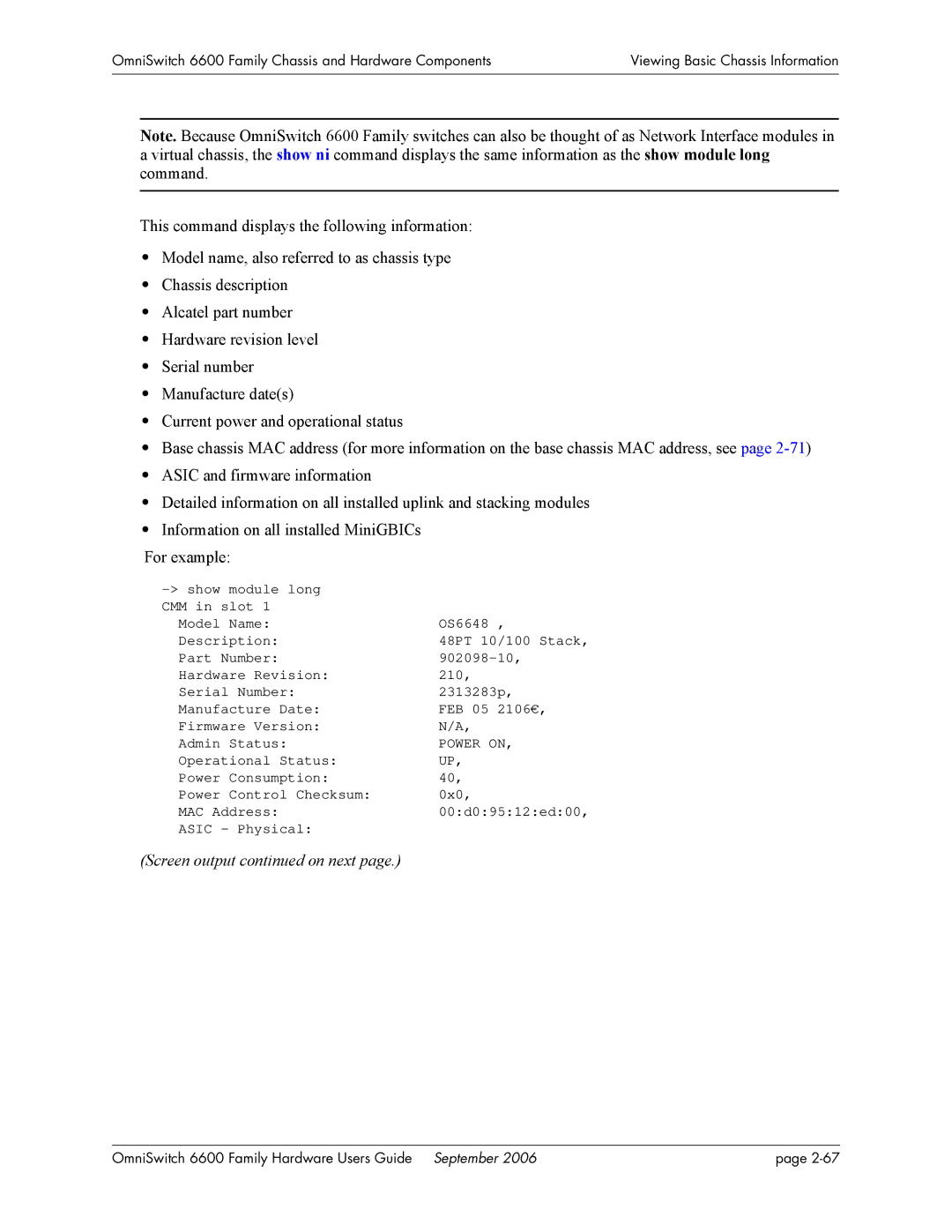 Alcatel-Lucent 6600 manual Screen output on next 