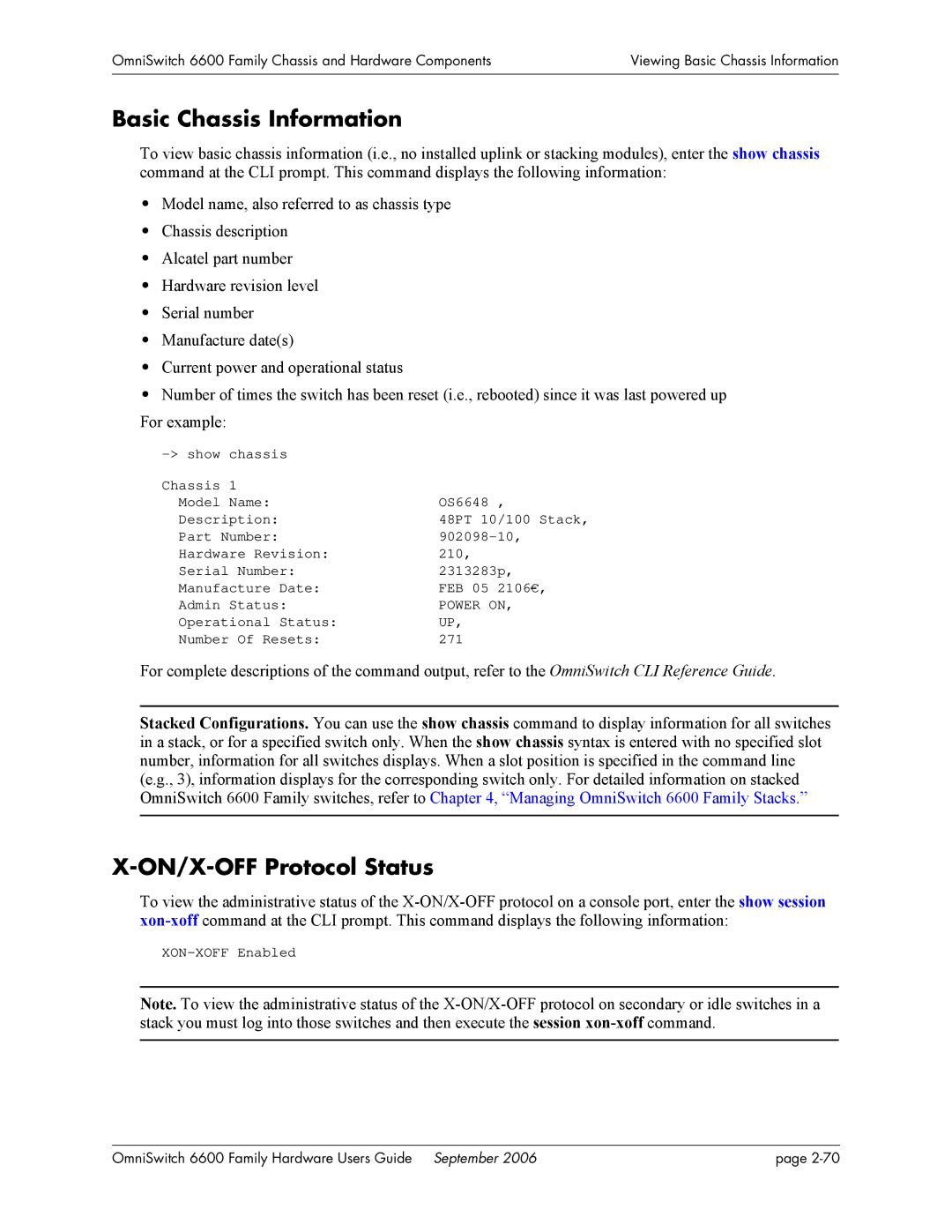 Alcatel-Lucent 6600 manual Basic Chassis Information, ON/X-OFF Protocol Status 