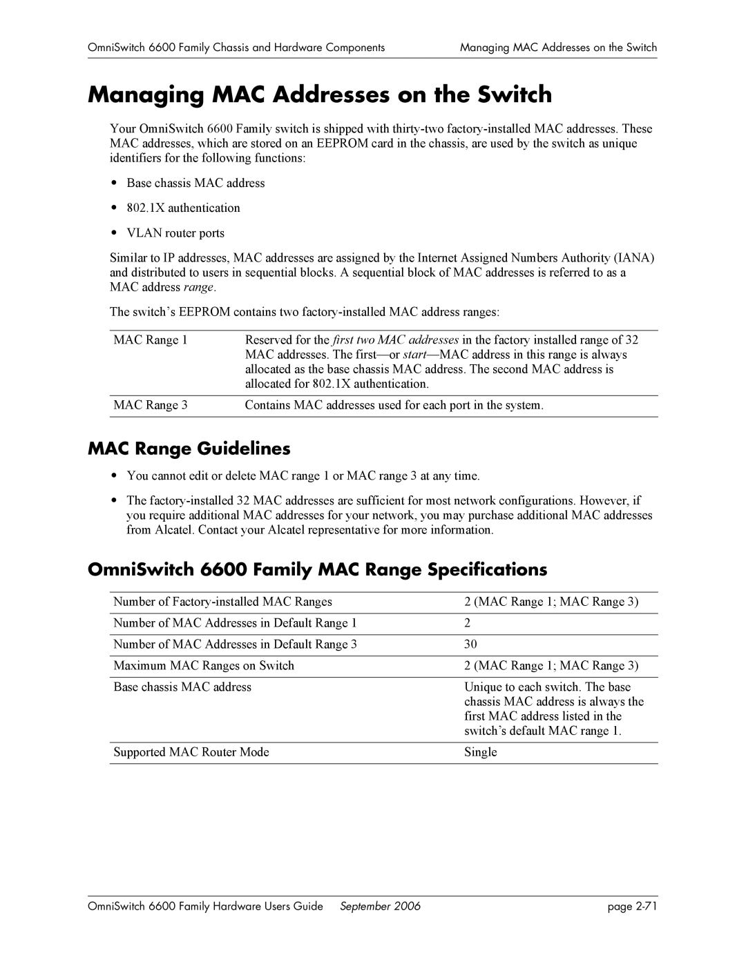 Alcatel-Lucent 6600 manual Managing MAC Addresses on the Switch, MAC Range Guidelines 