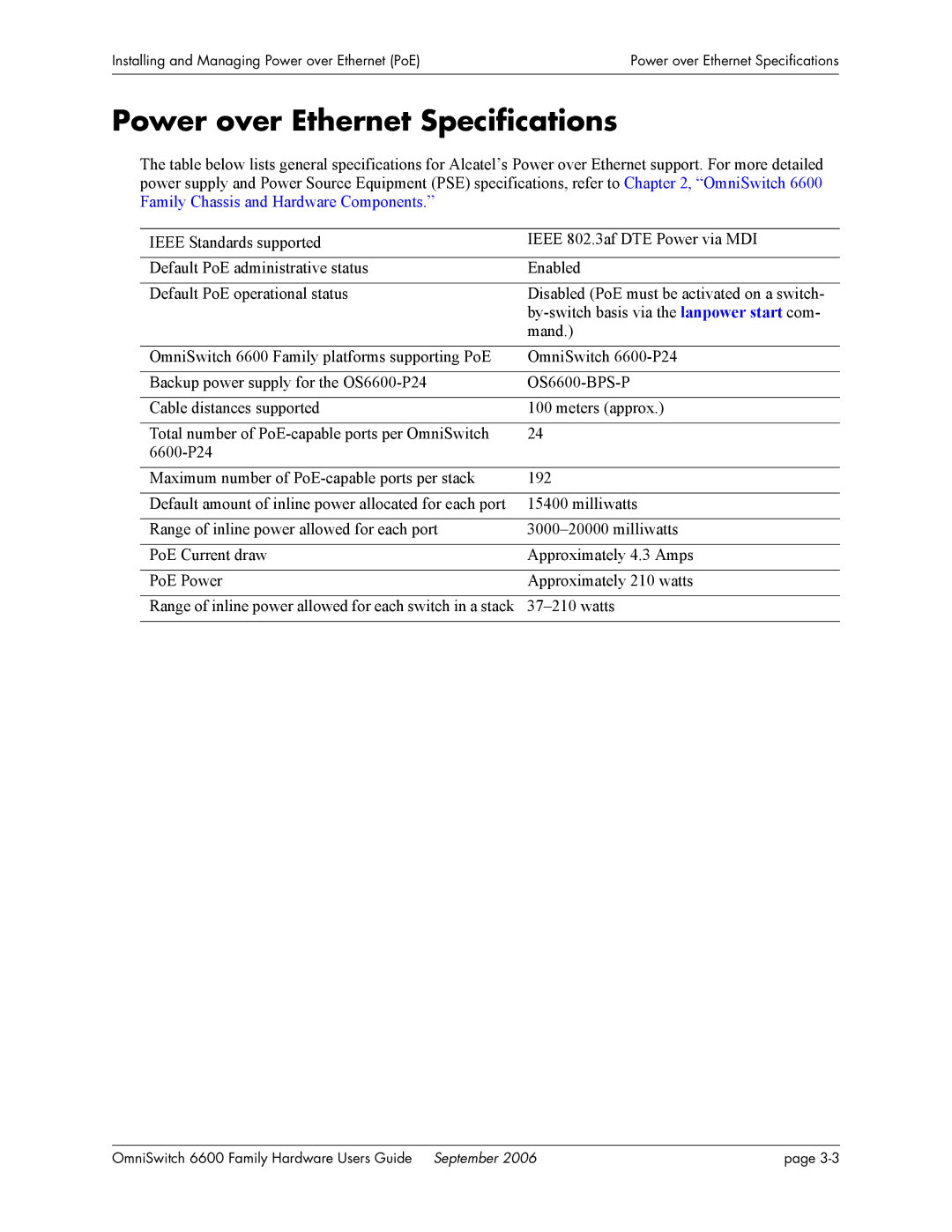 Alcatel-Lucent 6600 manual Power over Ethernet Specifications, Watts 