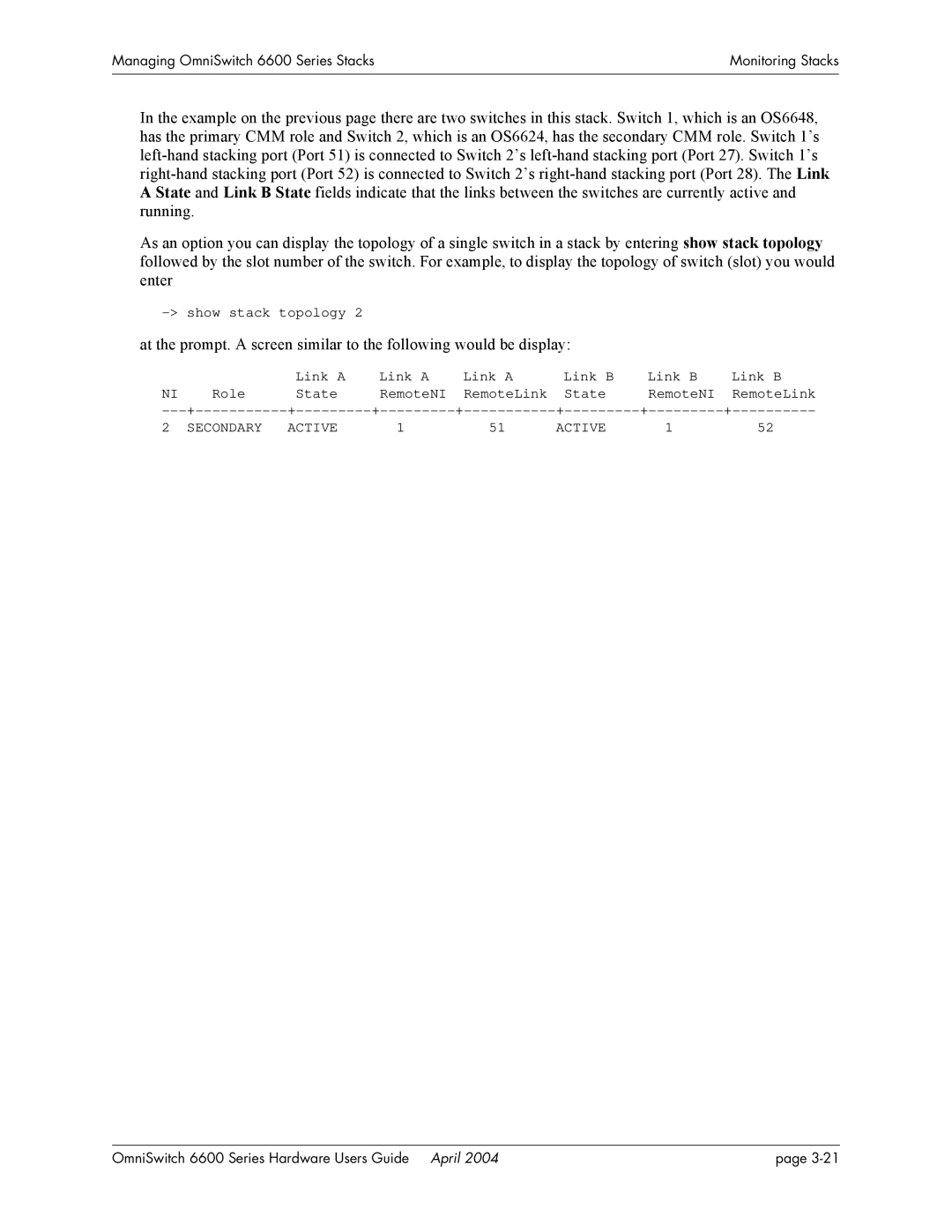 Alcatel-Lucent 6600 Series, 6648, 6624 manual Secondary Active 