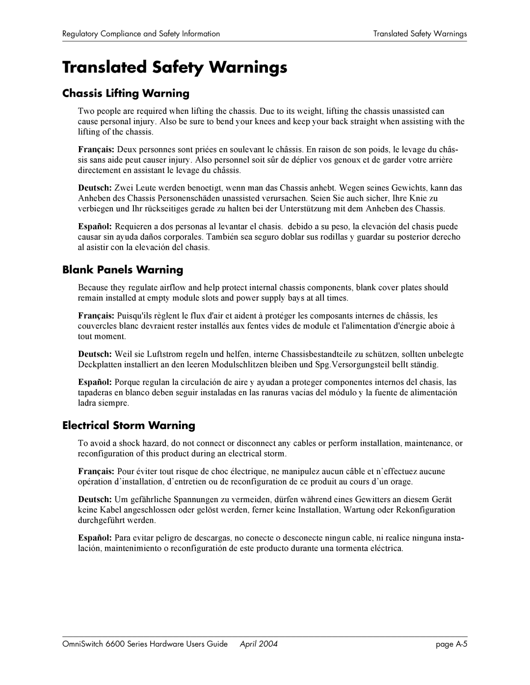 Alcatel-Lucent 6600 Series, 6648, 6624 manual Translated Safety Warnings, Chassis Lifting Warning, Blank Panels Warning 