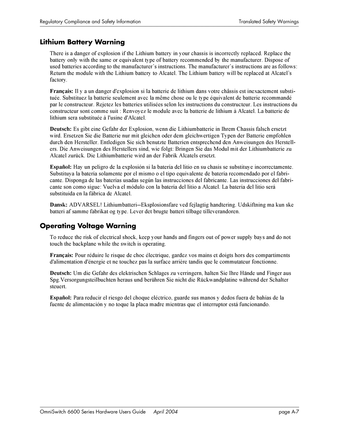 Alcatel-Lucent 6624, 6648, 6600 Series manual Lithium Battery Warning, Operating Voltage Warning 