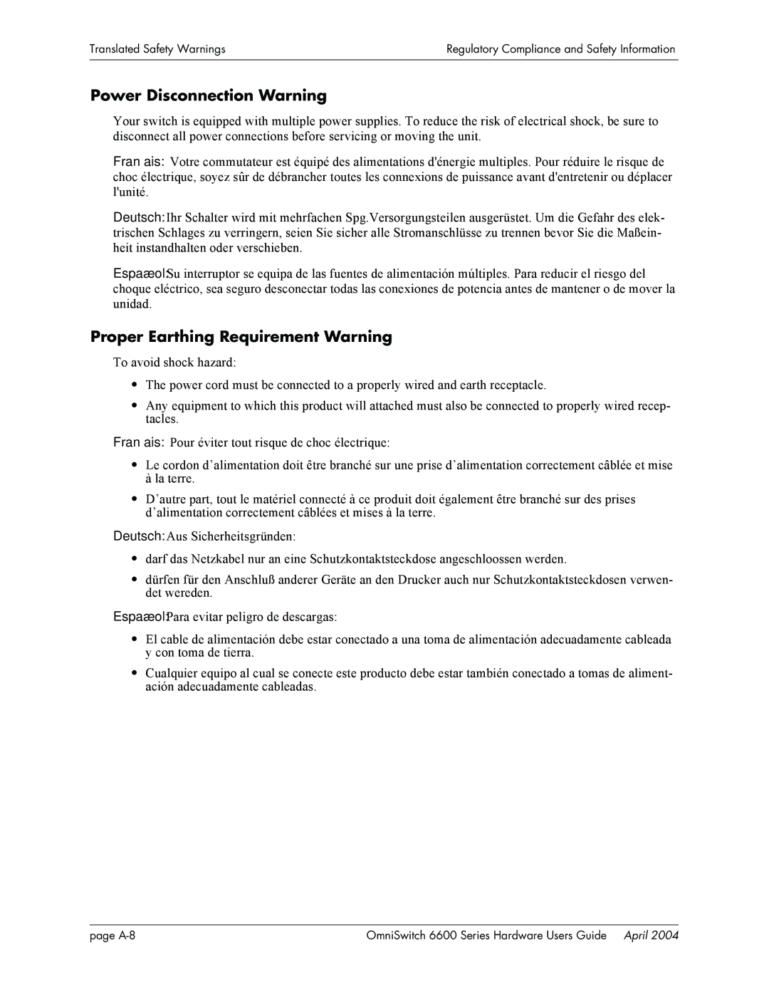 Alcatel-Lucent 6600 Series, 6648, 6624 manual Power Disconnection Warning, Proper Earthing Requirement Warning 