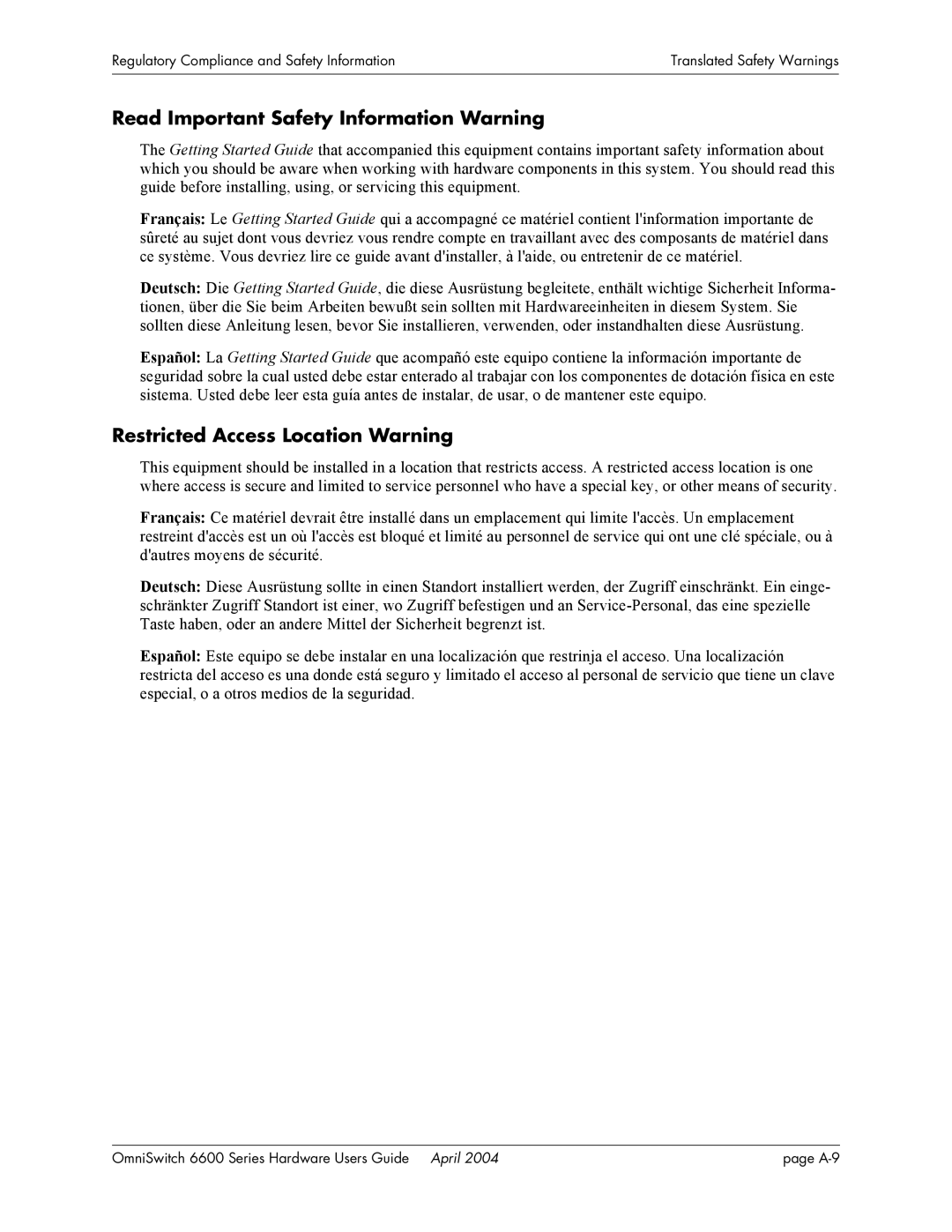 Alcatel-Lucent 6648, 6624, 6600 Series manual Read Important Safety Information Warning, Restricted Access Location Warning 