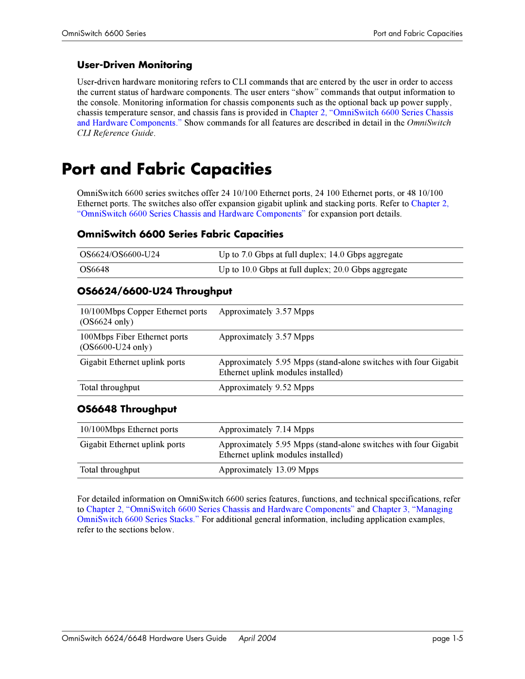 Alcatel-Lucent 6648, 6624 Port and Fabric Capacities, User-Driven Monitoring, OmniSwitch 6600 Series Fabric Capacities 