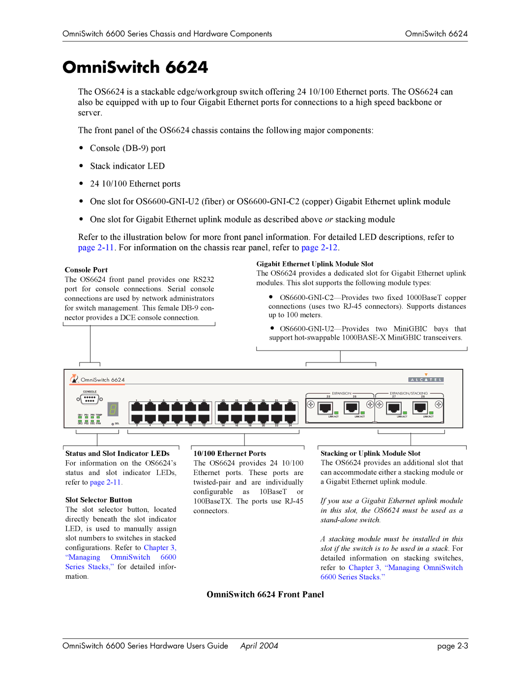 Alcatel-Lucent 6600 Series, 6648 manual OmniSwitch 6624 Front Panel, Console Port, 10/100 Ethernet Ports 