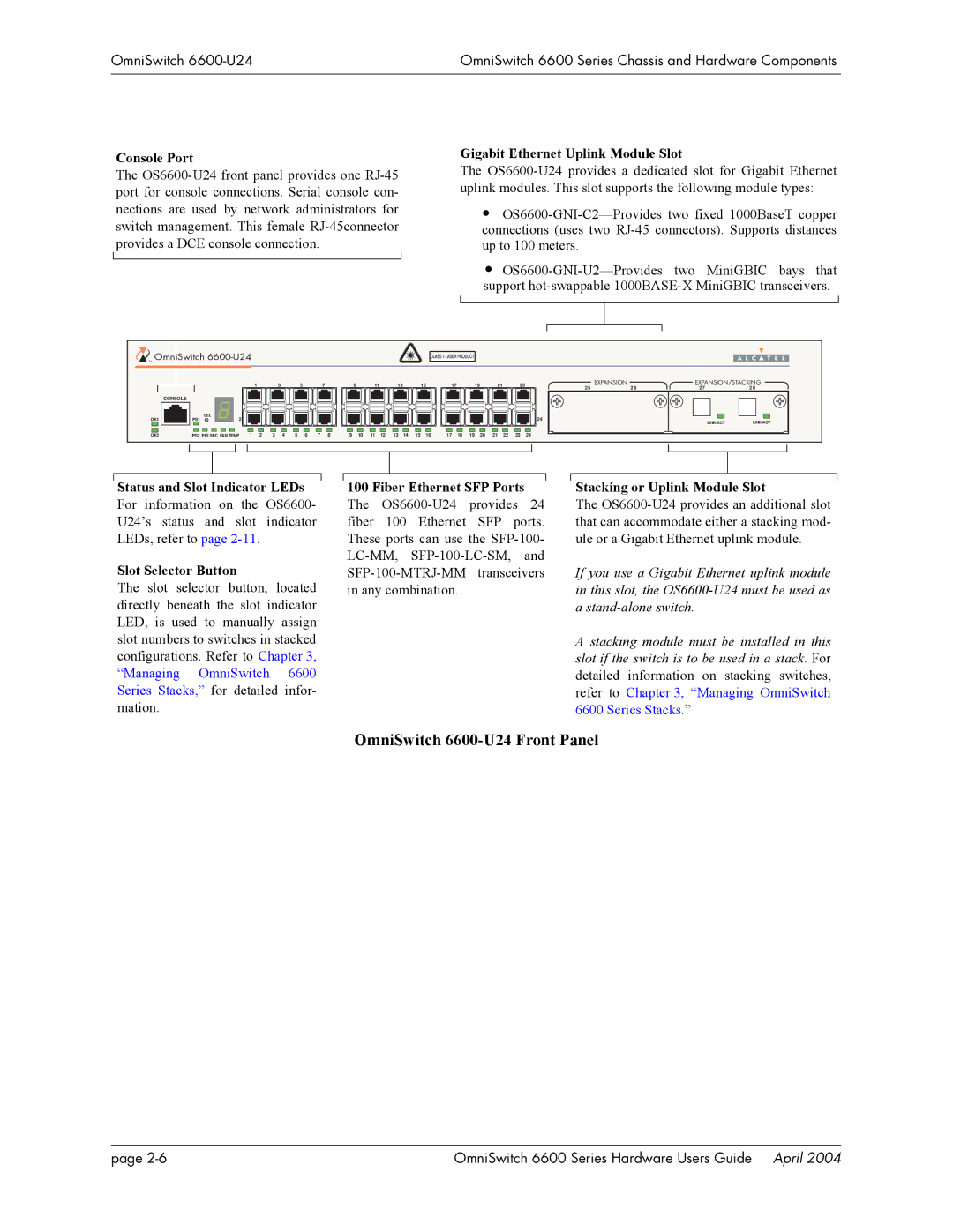 Alcatel-Lucent 6600 Series, 6648, 6624 OmniSwitch 6600-U24 Front Panel, Console Port Gigabit Ethernet Uplink Module Slot 