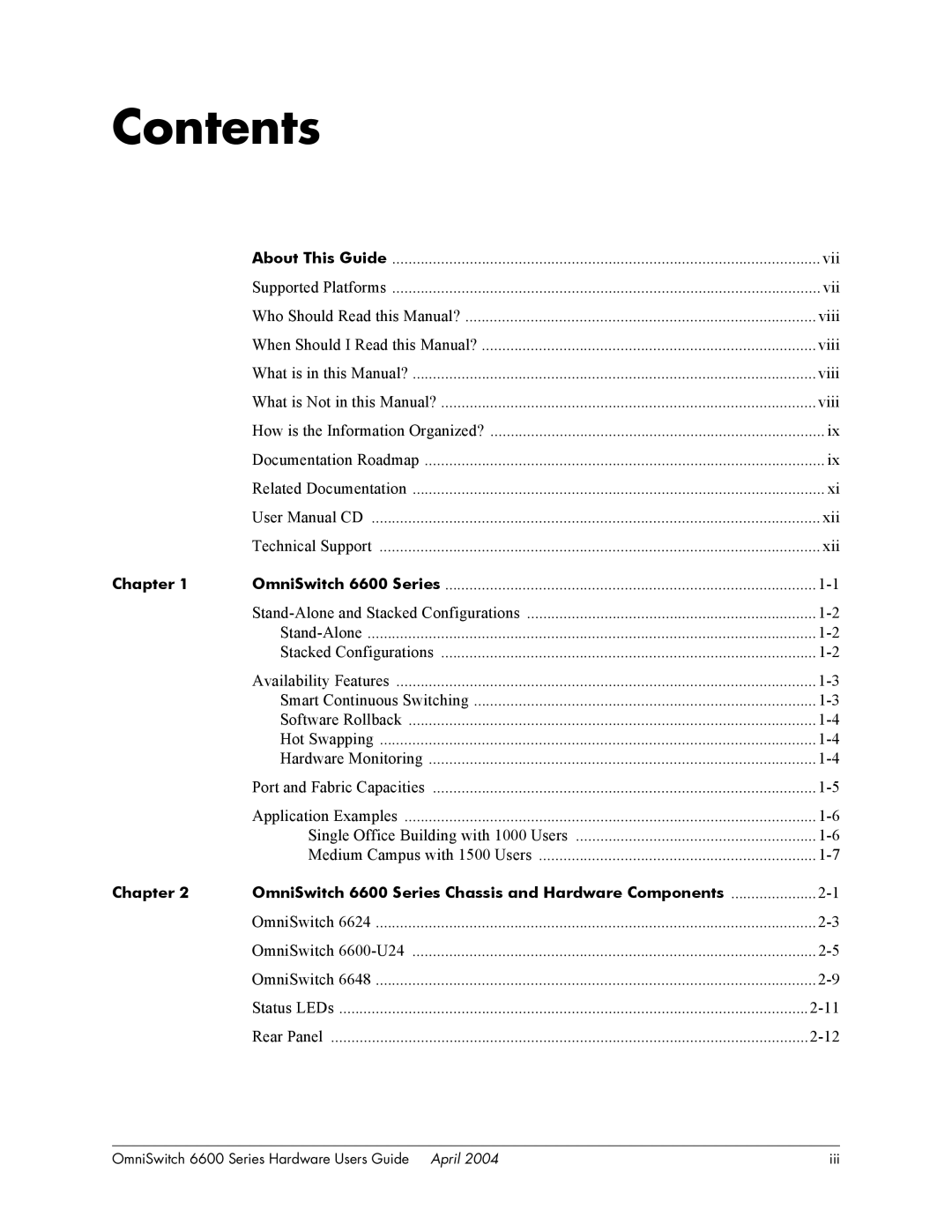 Alcatel-Lucent 6648, 6624, 6600 Series manual Contents 