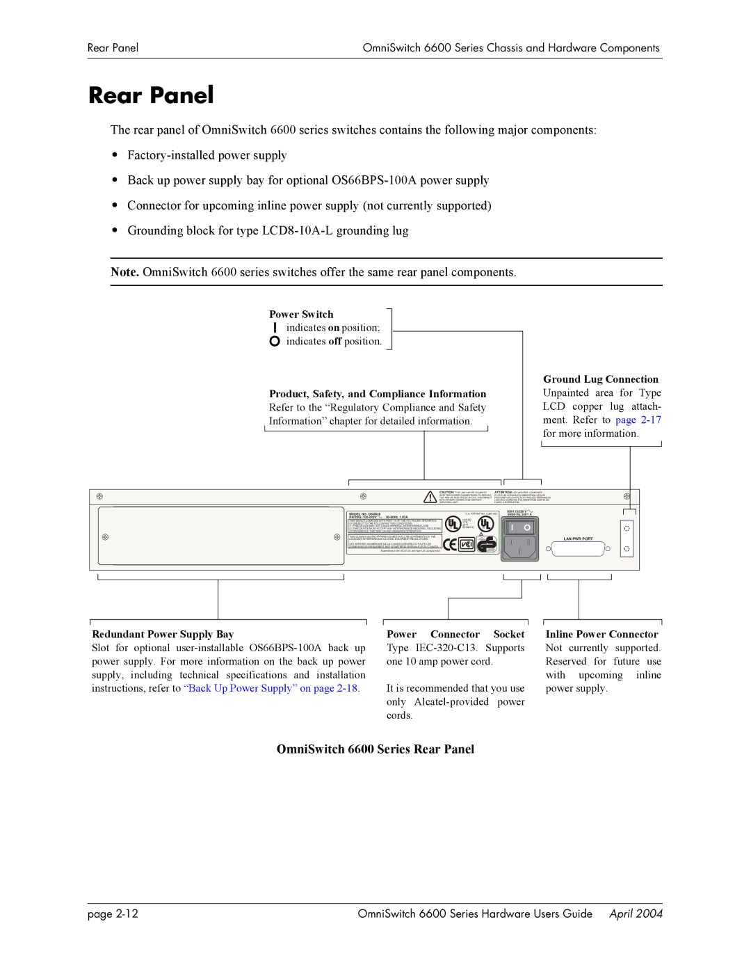 Alcatel-Lucent 6648, 6624 manual OmniSwitch 6600 Series Rear Panel, Redundant Power Supply Bay 