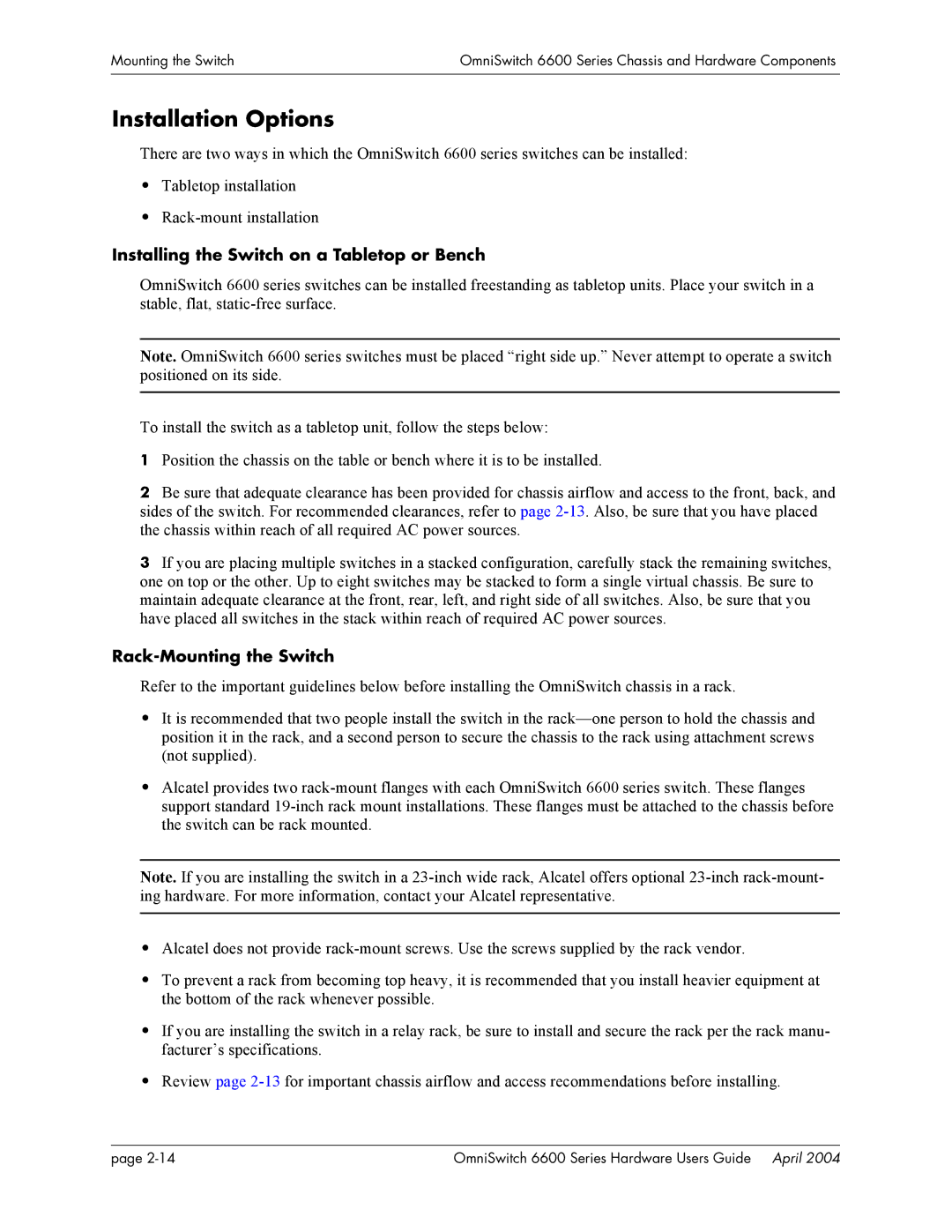 Alcatel-Lucent 6624, 6648, 6600 Series manual Installation Options, Installing the Switch on a Tabletop or Bench 