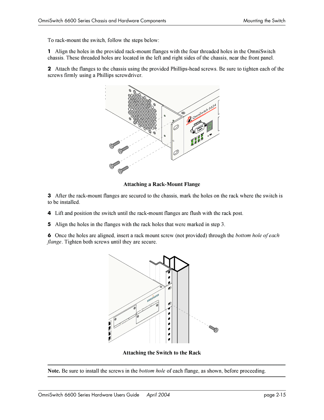 Alcatel-Lucent 6600 Series, 6648, 6624 manual Attaching a Rack-Mount Flange, Attaching the Switch to the Rack 