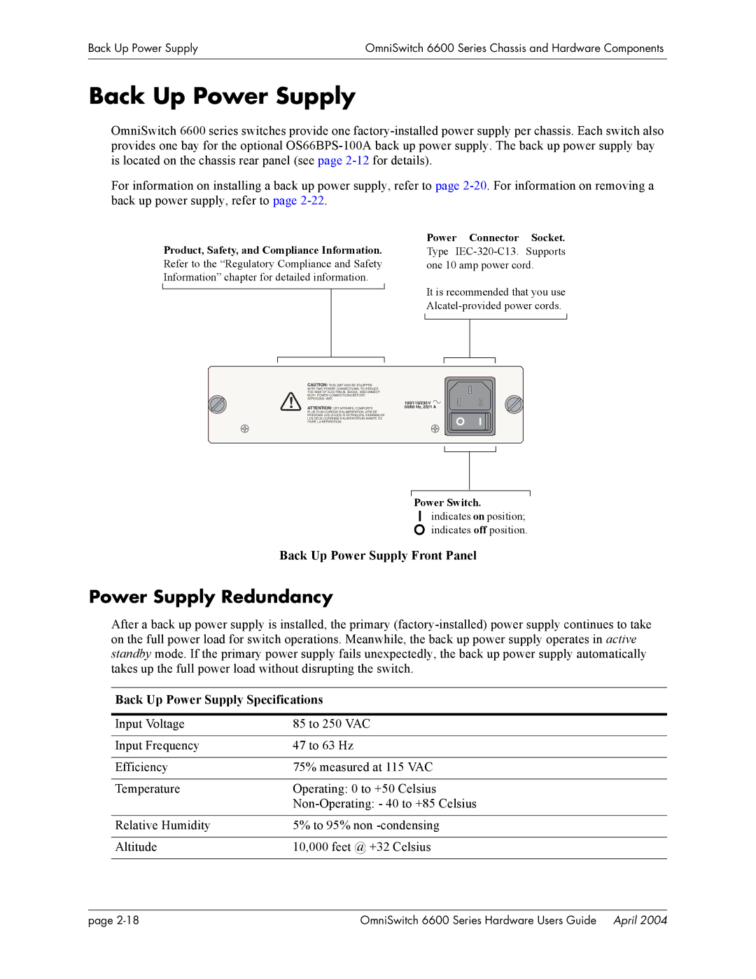 Alcatel-Lucent 6600 Series, 6648, 6624 manual Power Supply Redundancy, Back Up Power Supply Front Panel 