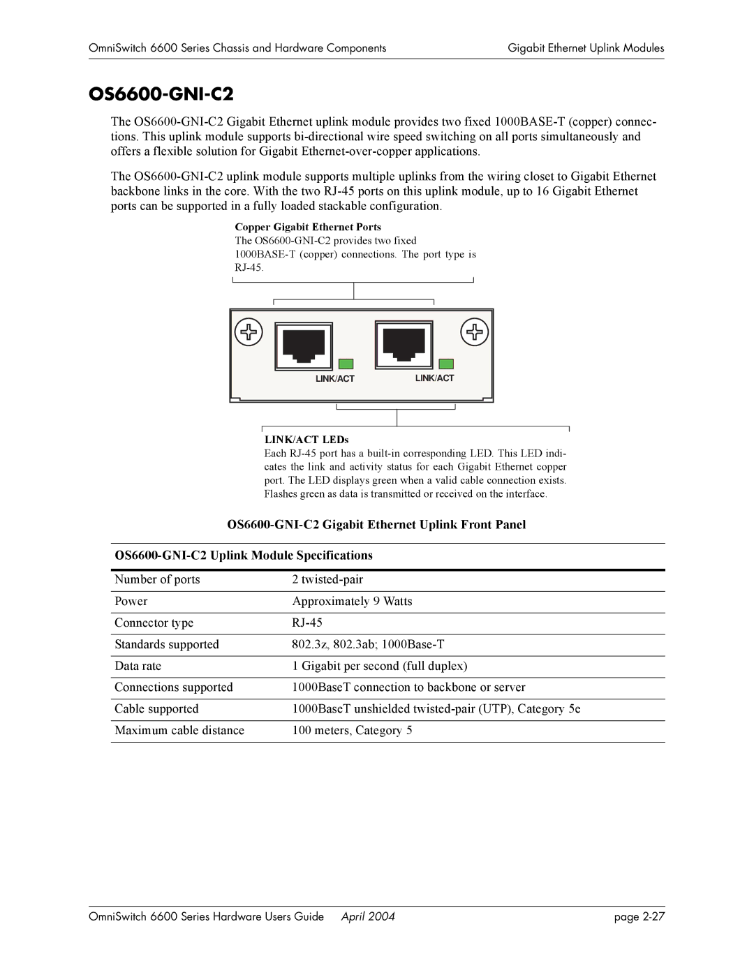 Alcatel-Lucent 6600 Series, 6648, 6624 OS6600-GNI-C2 Gigabit Ethernet Uplink Front Panel, Copper Gigabit Ethernet Ports 