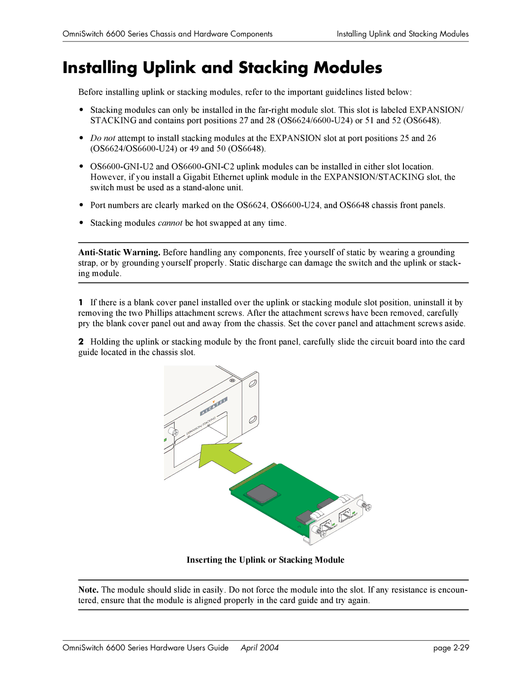 Alcatel-Lucent 6624, 6648, 6600 Series manual Installing Uplink and Stacking Modules, Inserting the Uplink or Stacking Module 